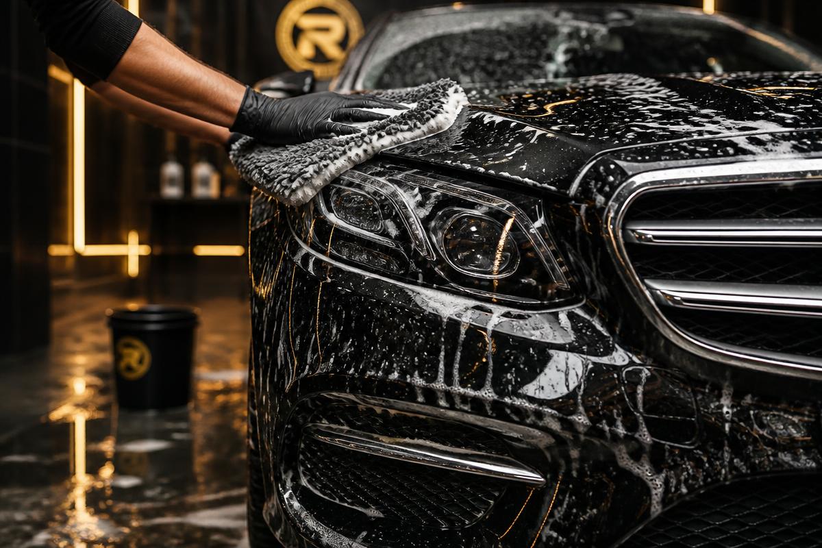 Luxury sedan being hand-washed with foam and microfiber mitt