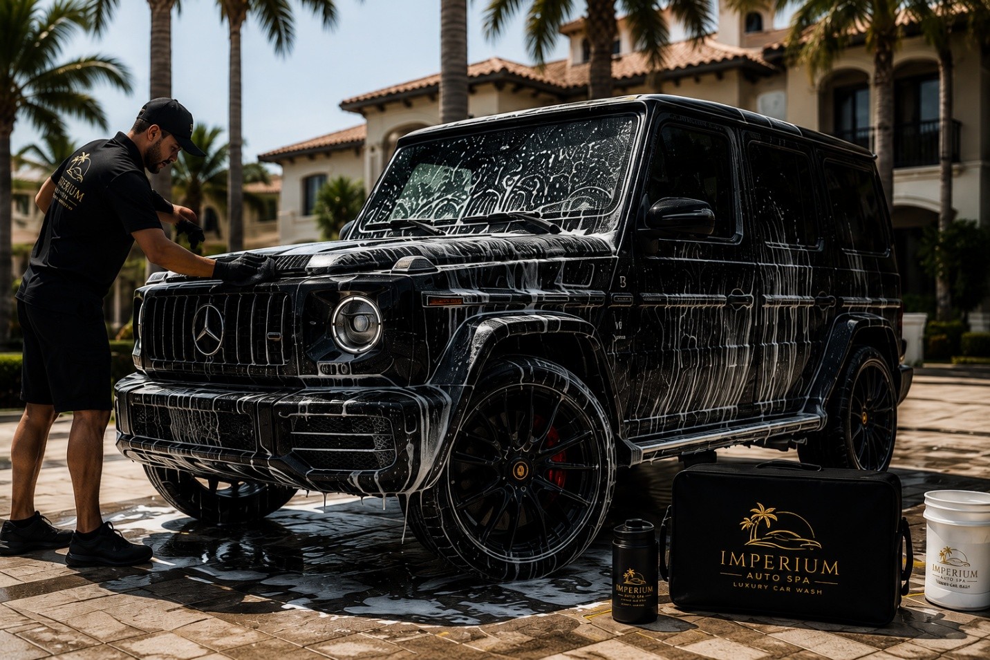 Imperium Auto Spa technician hand washing a black Mercedes-Benz G-Wagon at a luxury residence